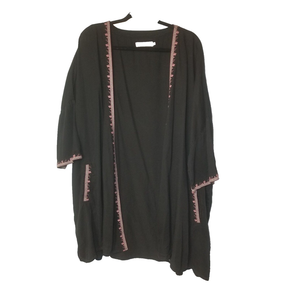 Billy T Black Duster‎ Long Cardigan Embroidered Pink Trim Pockets Large Boho